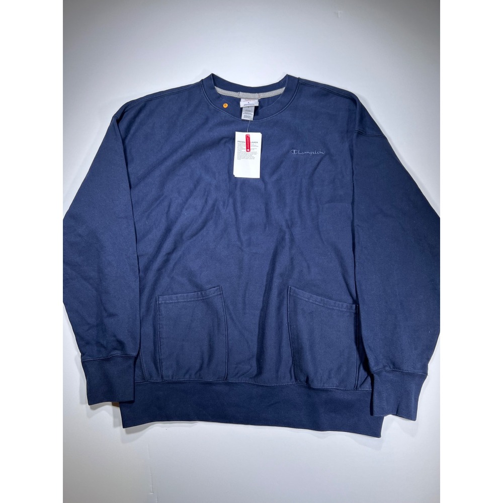 Champion Sweatshirt Mens Large Navy Blue Crewneck Double Pocket Embroidered Logo